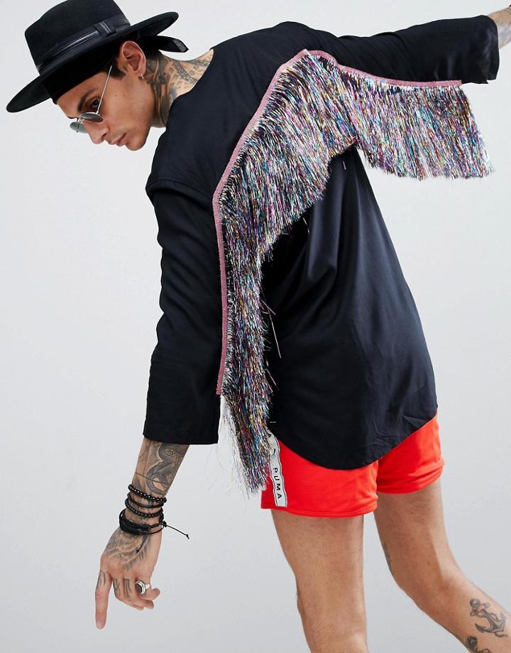 Asos Design Festival Regular Fit Longline Shirt With Rainbow Tassles - Black