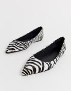 Asos Design Latch Pointed Leather Ballet Flats In Zebra Pony-multi