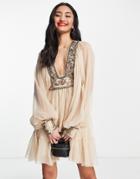 Asos Design Blouson Sleeve Mini Dress With Floral Embellished Bodice Detail In Stone-white
