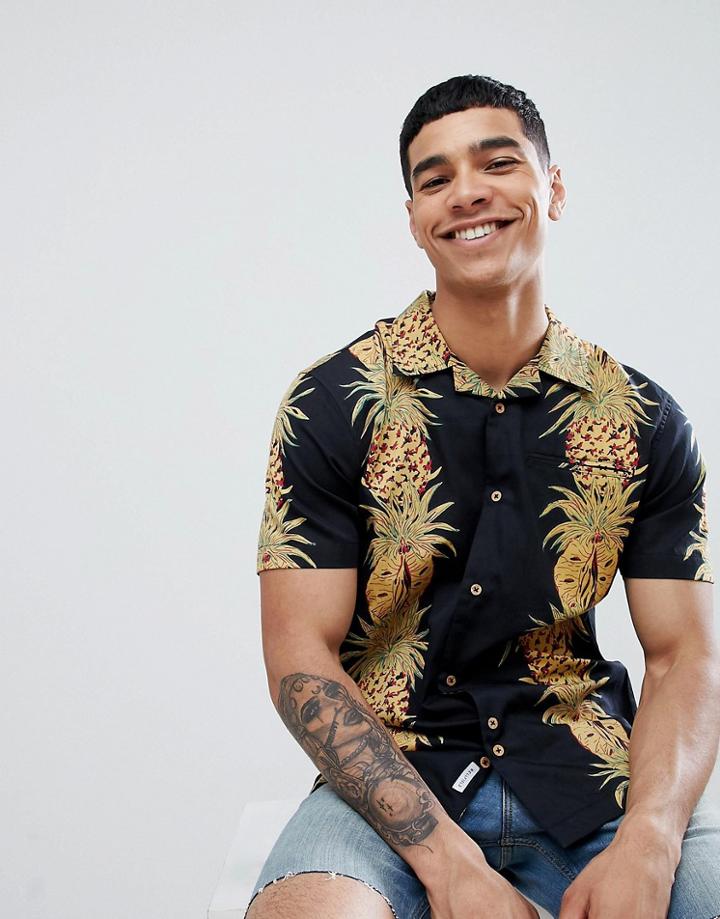 Bellfield Short Sleeve Revere Shirt With Pineapple Print - Black