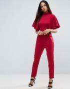 Asos Jumpsuit In Scuba With Ruffle Cape Detail - Red