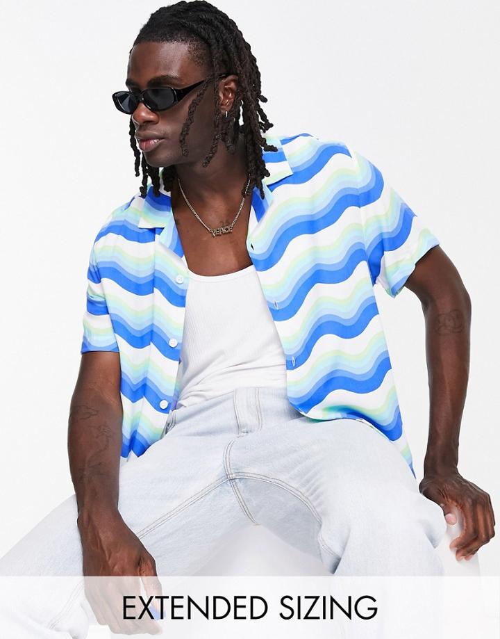 Asos Design Relaxed Revere Shirt In Blue Wavy Stripe