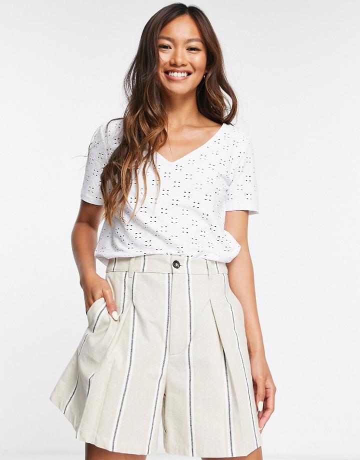 Vila Recycled Blend V Neck Eyelet Short Sleeve T Shirt In White