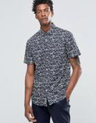 Celio Slim Fit Short Sleeve Shirt With All Over Leaf Print - Navy