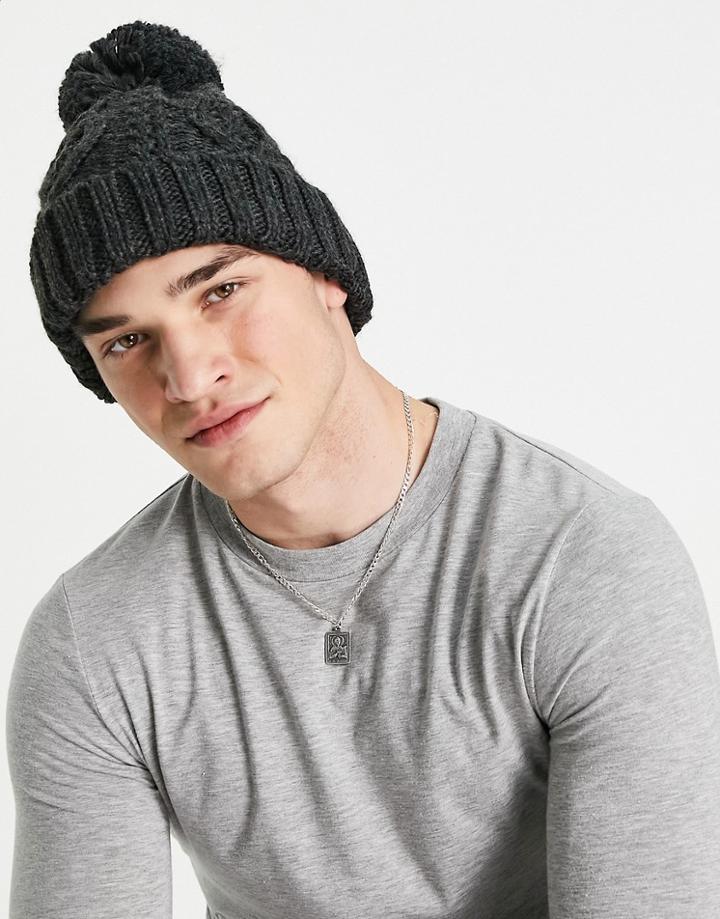 French Connection Cable Bobble Beanie Hat In Gray-grey