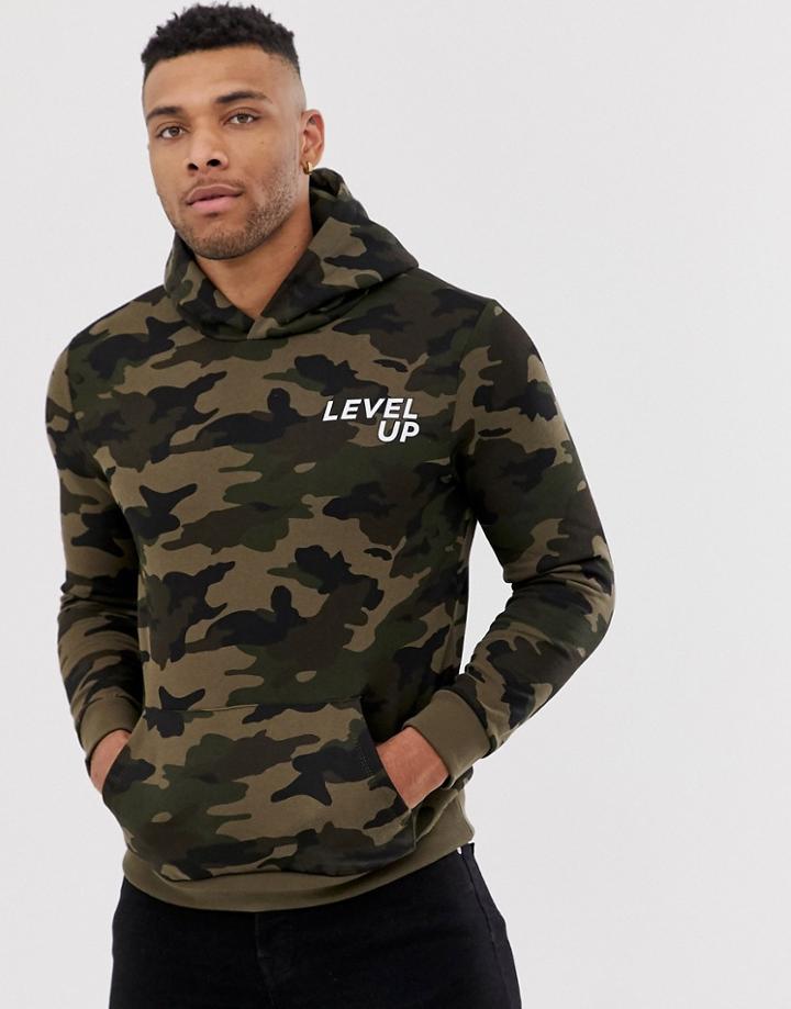 Bershka Hoodie With Camo Print In Green - Green