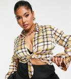 Asos Design Curve Long Sleeve Satin Shirt In Patchwork Print With Tie Front-multi
