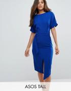 Asos Tall Wiggle Dress With Split Front With D-ring Belt - Blue