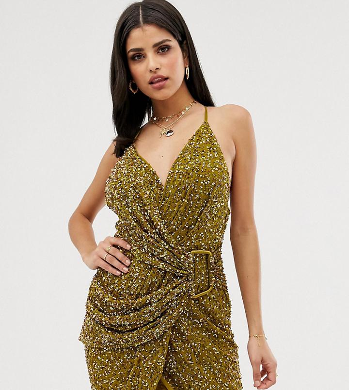 Asos Design Tall Allover Sequin Drape Mini Dress With Horn Buckle - Brown