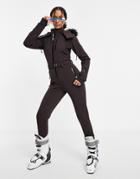 Asos 4505 Ski Fitted Belted Ski Suit With Fur Faux Hood-brown