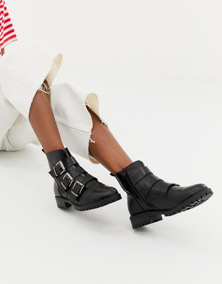 New Look Buckle Chunky Flat Boot - Black