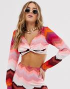 Asos Design Knitted Pink Jersey Chevron Twist Front Beach Crop Top Two-piece - Multi
