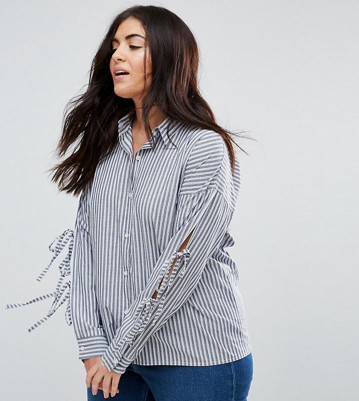 Daisy Street Plus Pinstripe Shirt With Tie Up Sleeves - Navy
