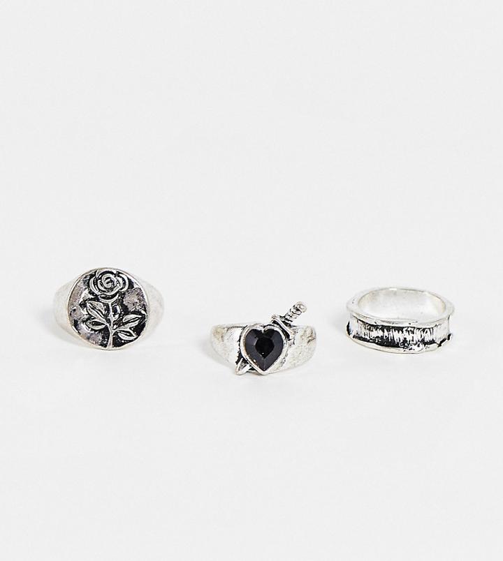 Reclaimed Vintage Inspired Old School Rings With Heart And Dagger In Silver 3 Pack