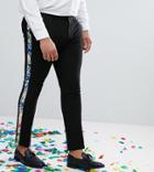 Asos Plus Super Skinny Suit Pants With Teal Floral Print Velvet Side Stripe - Blue