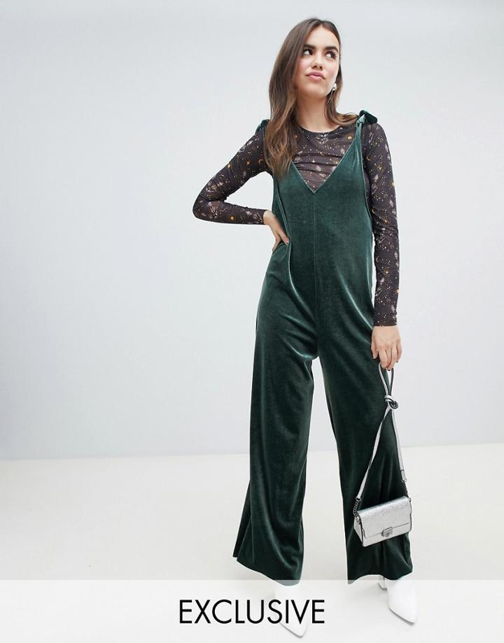 Monki Overall Jumpsuit In Dark Green Velvet