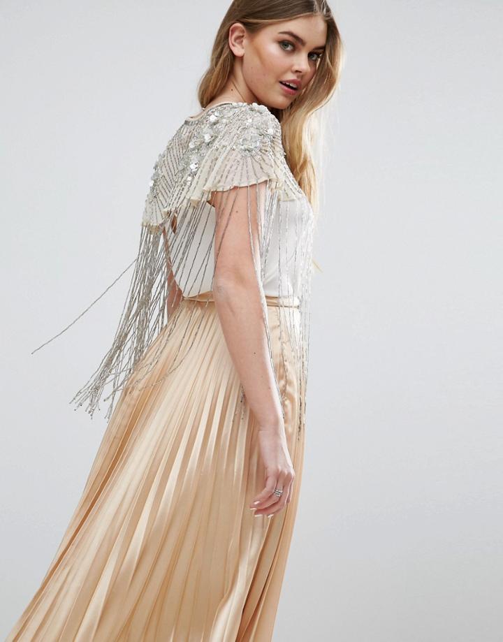 Asos Embellished Cape With Beaded Fringe - Cream