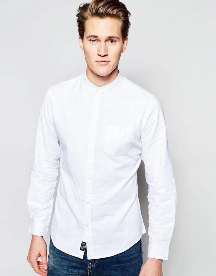 Threadbare Cotton Linen Grandad Shirt - White
