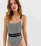 River Island Swimsuit With Square Neck In Zig Zag Print - Black