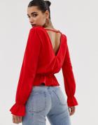 Boohoo V Front And Back Blouse With Cuff And Hem Frill Detail In Red - Red