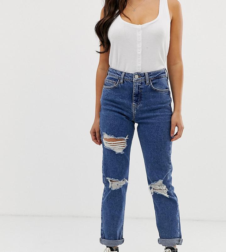 New Look Petite Multi Rip Mom Jeans In Blue - Blue