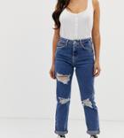 New Look Petite Multi Rip Mom Jeans In Blue - Blue