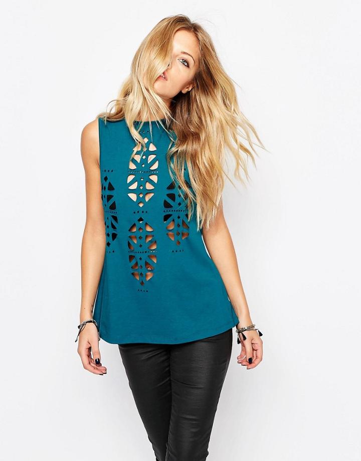 Rock & Religion Split Back Laser Cut Top - Teal