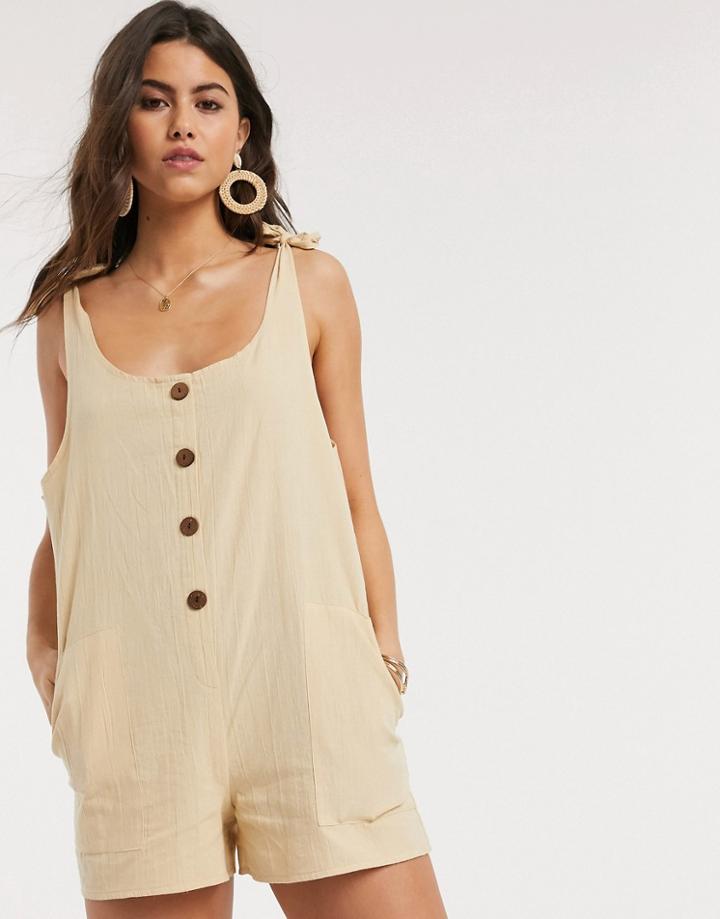Asos Design Button Front Overall Romper In Stone-neutral