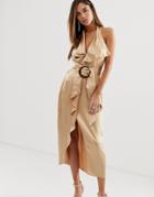Asos Design Halter Neck Satin Pencil Midi Dress With Wooden Buckle Belt-gold