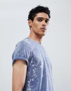 Asos Design T-shirt With Roll Sleeve And Bleach Wash - Blue
