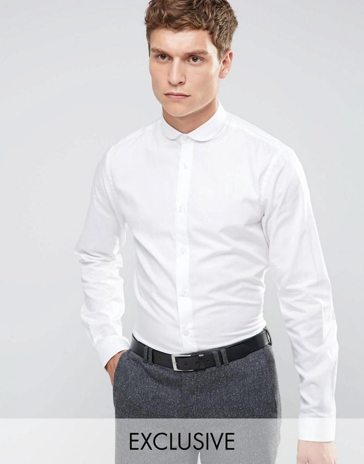 Heart & Dagger Skinny Shirt In Herringbone With Curve Collar - White