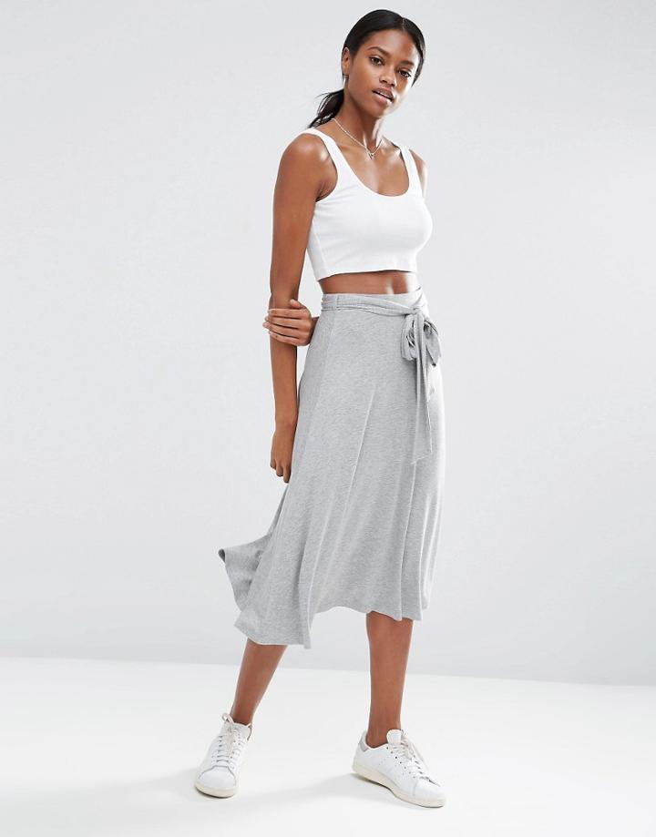 Asos Midi Skater Skirt With Tie Knot - Gray Marl