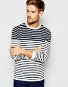Blend Crew Sweater Slim Fit Breton Knit Contrast Stripes - Navy