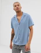 Asos Design Relaxed Viscose Shirt With Low Revere Collar In Blue - Blue