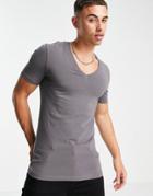 Asos Design Organic Cotton Blend Muscle Fit T-shirt With V-neck In Gray-black