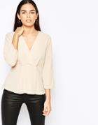 Asos Wrap Front Minimal Blouse In Crepe - Champagne