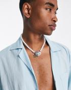 Asos Design White Faux Pearl Festival Necklace With Crown Pendant In Silver Tone