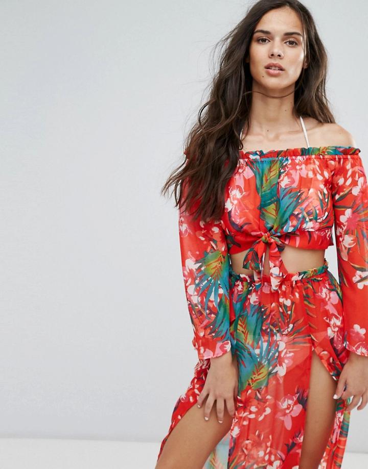 Missguided Bardot Tie Front Beach Top - Multi