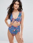 Asos Mexican Night Print Tie Front Swimsuit - Blue