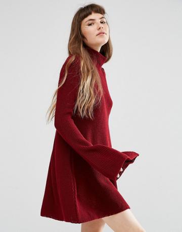 Rokoko Knitted High Neck Swing Dress - Red