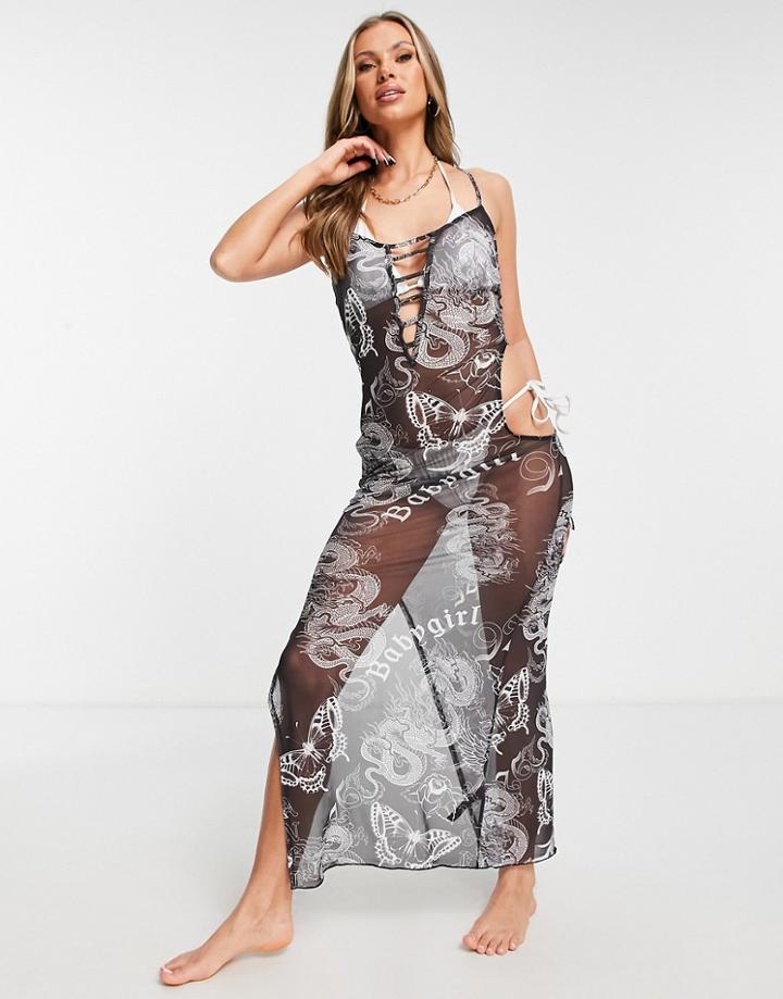 Asos Design Mesh Cut Out Maxi Beach Dress In Tattoo Print-multi