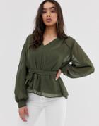 Asos Design Long Sleeve Sheer Belted Top With Sleeve Detail - Green