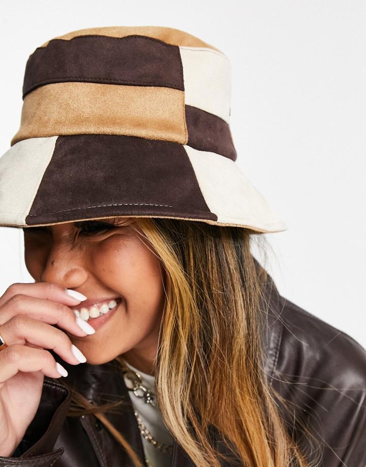 Topshop Suedette Patchwork Bucket Hat In Tan-brown