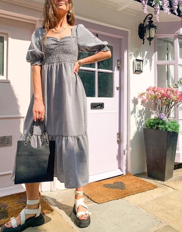 Topshop Tiered Shirring Midi Dress In Black And White Gingham