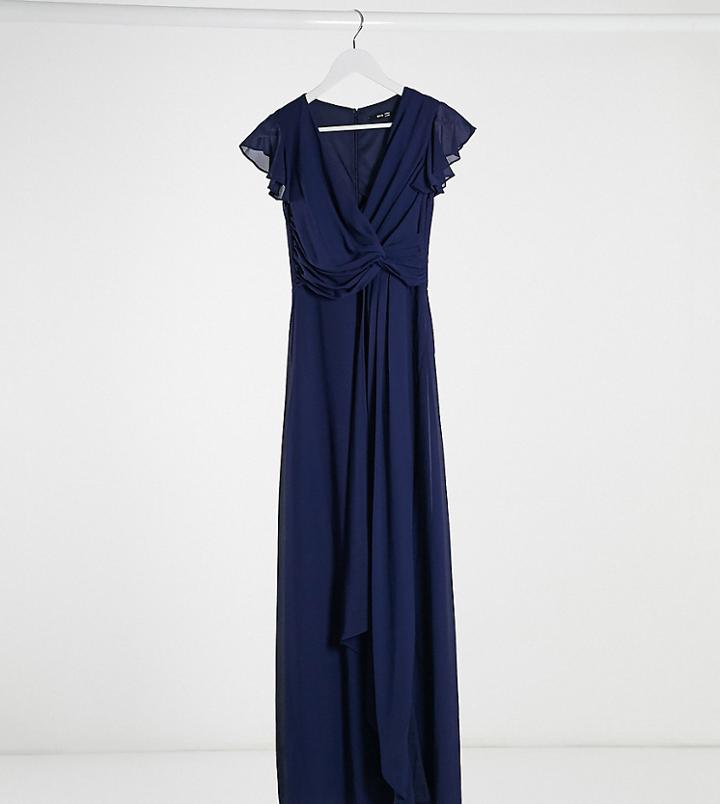 Tfnc Petite Bridesmaid Flutter Sleeve Ruffle Detail Maxi Dress In Navy-pink