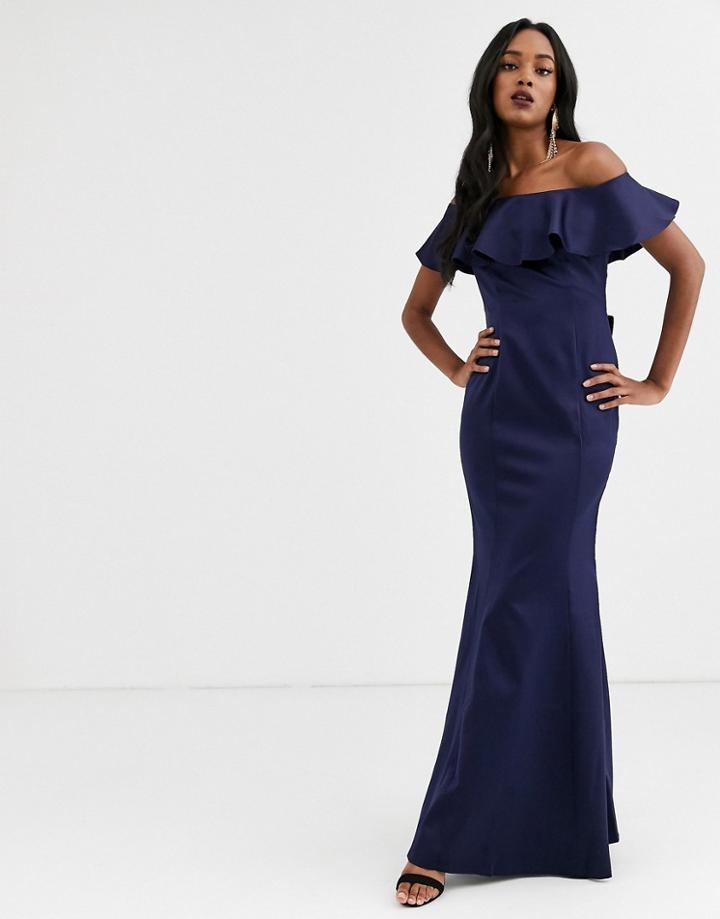 City Goddess Bardot Frill Satin Maxi Dress With Bow Detail-navy