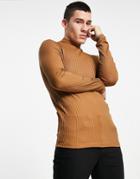 Asos Design Long Sleeve Muscle Fit Rib T-shirt With Turtle In Tan-brown