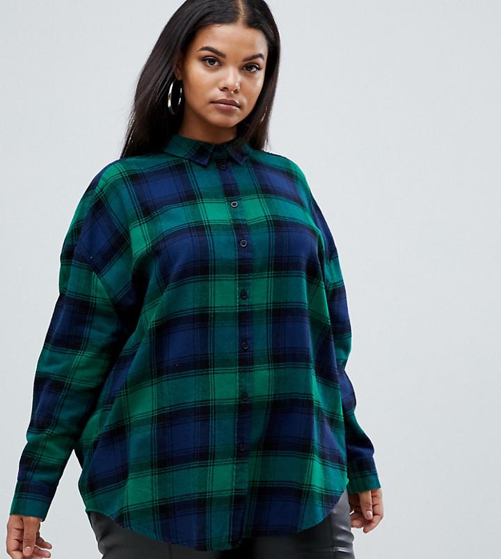 Asos Design Curve Long Sleeve Boyfriend Shirt In Green And Navy Check - Multi
