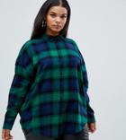 Asos Design Curve Long Sleeve Boyfriend Shirt In Green And Navy Check - Multi