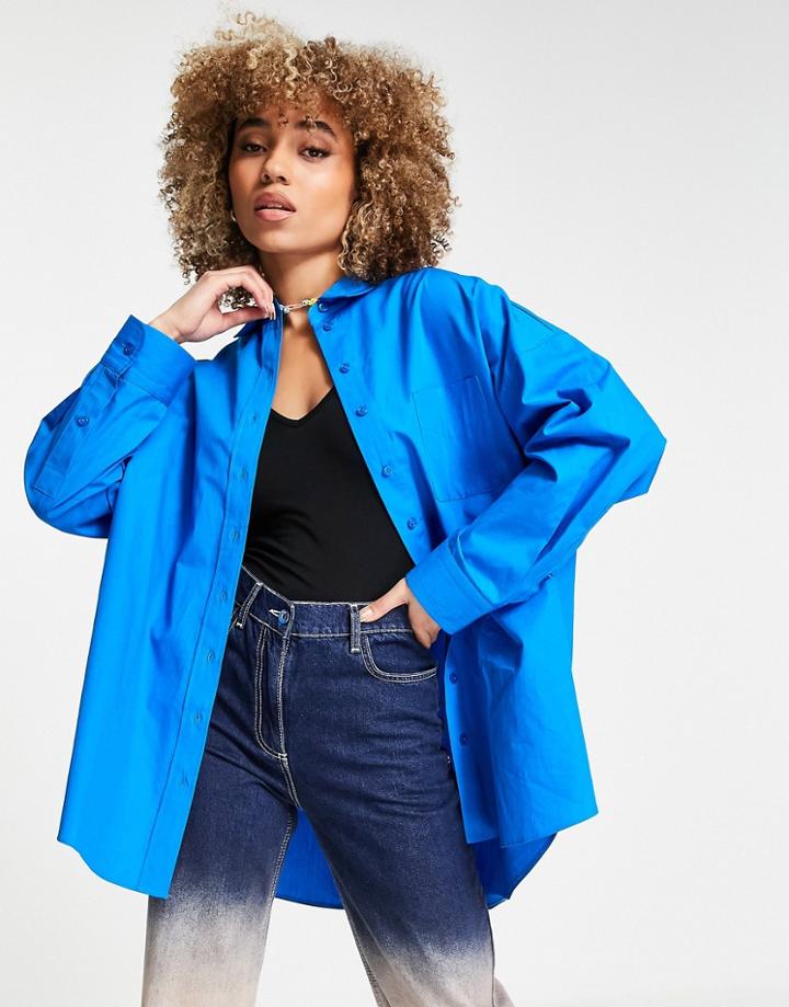 Topshop Boyfriend Long Sleeve Poplin Shirt In Cobalt Blue
